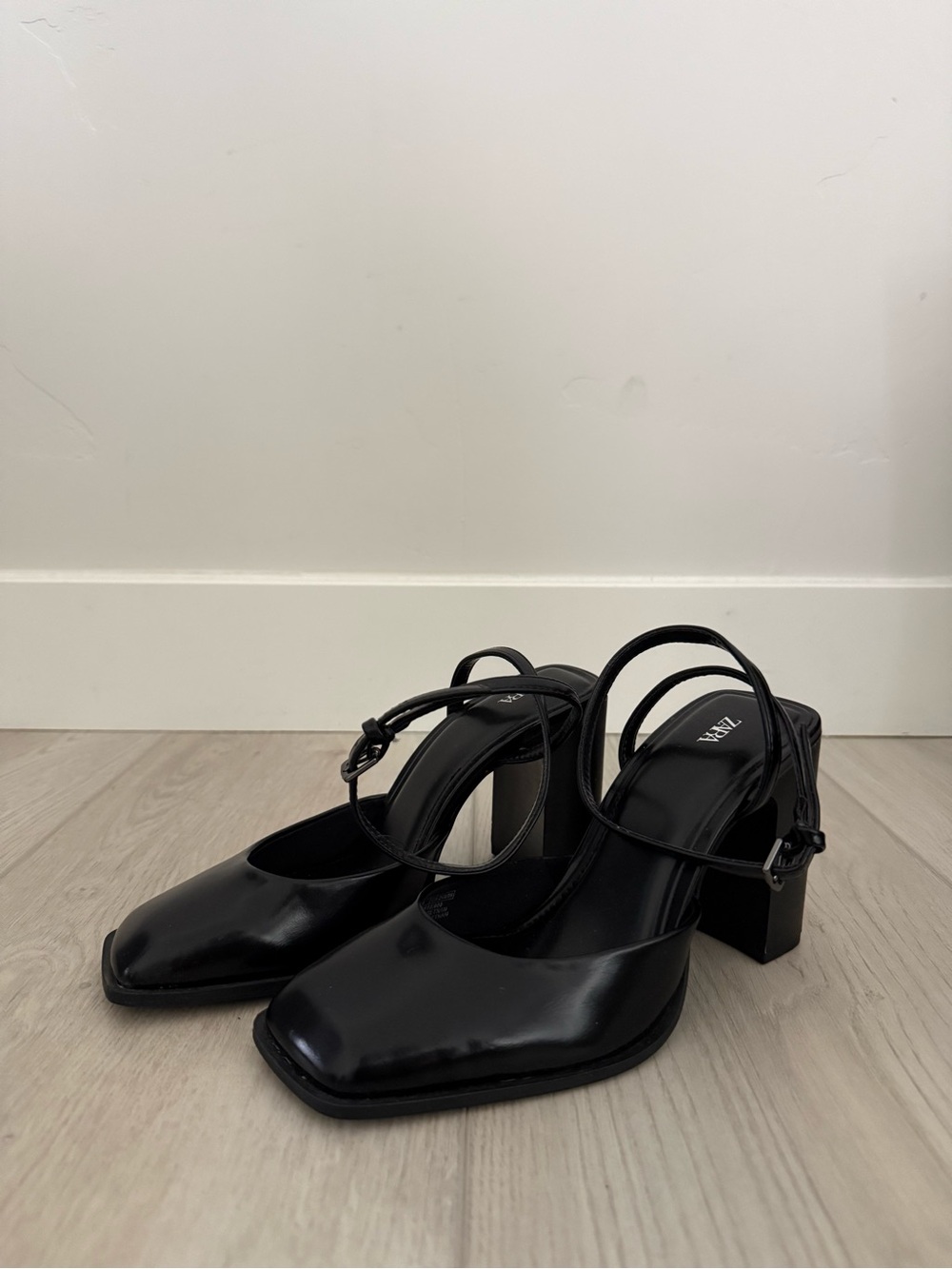 Zara Black Square-Toe Slingback Block Heels
